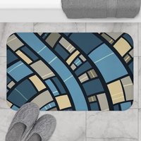 Abstract Geometric Large bath mat, Blue, Gray and Sand