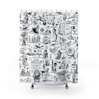 Shower curtain with Black and white Edward Lear illustrations