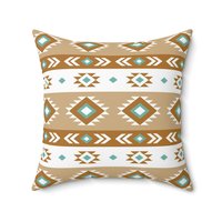 Geometric art in white, light teal, tan, and brown. Each side has a different Aztec design using the same color palette.