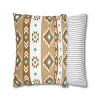 Pillowcase with tribal art in white, light teal, tan, and brown. Each side has a different Aztec design using the same color palette.
