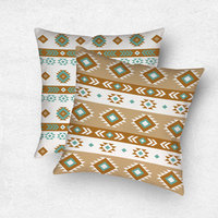 Geometric art in white, light teal, tan, and brown. Each side has a different Aztec design using the same color palette.