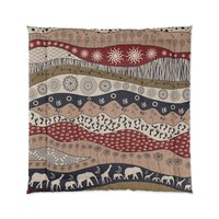 Queen comforter. Naive African elephants and giraffes artwork with primitive floral motifs in maroon, navy blue and earth tones.