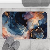 Navy Blue Abstract Art Shower Curtain, Bath Mat