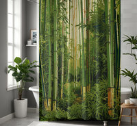 Leaf green bamboo trees in a tropical rain forest with a pale yellow cream sky printed on a fabric shower curtain.