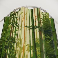 Leaf green bamboo trees in a tropical rain forest with a pale yellow cream sky printed on a fabric shower curtain close up view.