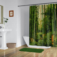 Leaf green bamboo trees in a tropical rain forest with a pale yellow cream sky printed on a fabric shower curtain.