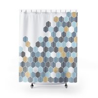 Abstract honeycomb-shaped trees design shower curtain in navy blue, rackley blue, light blue and gold (not glittery) on a white background.