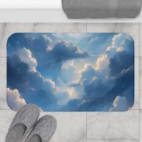 Blue Sky bath mat with Fluffy White Clouds, large
