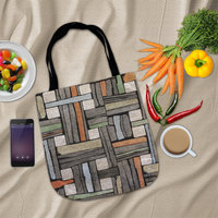 Flay lay Mondrian Color Block Woven Tapestry Bag.