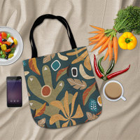 Flat lay Multicolor Abstract Floral Woven Tote with groceries and a phone