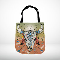 Cow Skull Tapestry Bag, Desert Sunset Colors Tote