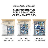 Modern Cubist Woven Blanket size chart in reference to a queen size bed.