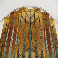 Dramatic and bold, geometric pattern in green and gold craquelure design. Shower curtain showing button hole top.