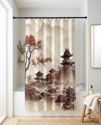 Neutral Japanese Shower Curtain, Bath Mat