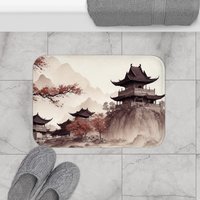 Neutral Japanese Shower Curtain, Bath Mat