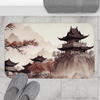 Neutral Japanese Shower Curtain, Bath Mat