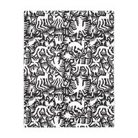 Black side. White hand-drawn folk art animals and plants printed on a lightweight, soft and plush two-sided velveteen throw blanket.