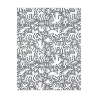 Gray side. White hand-drawn folk art animals and plants printed on a lightweight, soft and plush two-sided velveteen throw blanket.