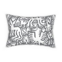 Lumbar pillow, Primitive white hand-drawn animals and plant life. One side is printed on a gray background.