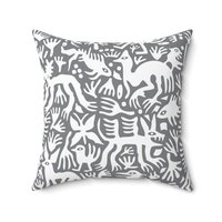 Primitive white hand-drawn animals and plant life. Printed on a gray background.