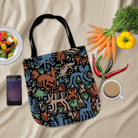 Whimsical Animals Woven Tote, Folk Art Tapestry Bag flat lay with groceries and a phone.