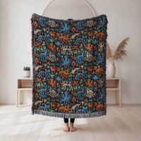 Multicolor Whimsical Animals and Plants Woven Cotton Blanket