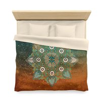 Mandala Duvet Cover with natural color back on a queen bed