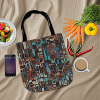 Stained Glass Design Woven Tote, Multicolor Geometric Shapes Tapestry Bag flat lay with groceries, a bowl of jelly beans  and a phone