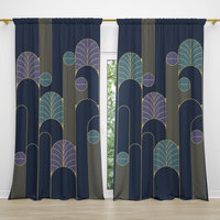 Navy Blue Art Deco Rod Pocket Window Curtains