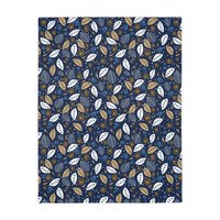 Botanical art printed on a lightweight, soft and fluffy two-sided reversible plush velveteen throw blanket in white, navy blue, tan, gray, orange and brown. One side is printed on a white background and the other side is printed on a navy blue background.
