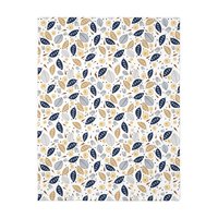 Botanical art printed on a lightweight, soft and fluffy two-sided reversible plush velveteen throw blanket in white, navy blue, tan, gray, orange and brown. One side is printed on a white background and the other side is printed on a navy blue background.
