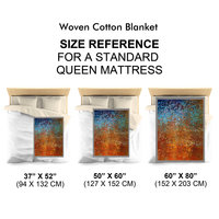 Abstract Ombré Woven Blanket in Southwestern Colors size chart in reference to a queen size bed.