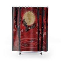 Red shower curtain - Under a pale-gold full moon an owl flies above the lake hunting for fish, surrounded by silhouetted birch trees and tall grasses.