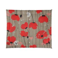 King size comforter with Red and pink flowers with black and white dandelion seed pods on a taupe background.