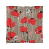 Queen size comforter with Red and pink flowers with black and white dandelion seed pods on a taupe background.