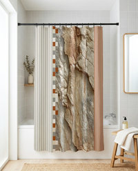 Rustic Rock and Stripe Shower Curtain, Textured Stone Art, Earth Tones, Bath Mat Optional