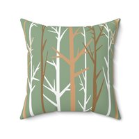 A minimalist graphic art botanical design in an earthy color palette of tan, brown, sage green and white. One side is printed on a white background and the other side is printed on a green background.