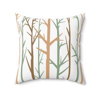 A minimalist graphic art botanical design in an earthy color palette of tan, brown, sage green and white. One side is printed on a white background and the other side is printed on a green background.