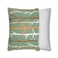 A minimalist graphic art botanical design in an earthy color palette of tan, brown, sage green and white. One side is printed on a white background and the other side is printed on a green background.