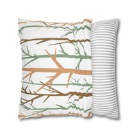 A minimalist graphic art botanical design in an earthy color palette of tan, brown, sage green and white. One side is printed on a white background and the other side is printed on a green background.