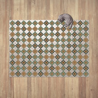 Six inch diamond tile pattern with intertwined Celtic knots in tones of olive green, burnt orange and black on an interesting light taupe textured background that resembles frosted glass.