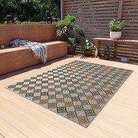 Outdoor rug with Six inch diamond tile pattern with intertwined Celtic knots in tones of olive green, burnt orange and black on an interesting light taupe textured background that resembles frosted glass.
