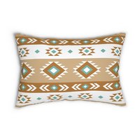 Geometric art in white, light teal, tan, and brown. Each side has a different Aztec design using the same color palette.