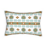 Geometric art in white, light teal, tan, and brown. Each side has a different Aztec design using the same color palette.