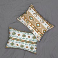 Geometric art in white, light teal, tan, and brown. Each side has a different Aztec design using the same color palette.