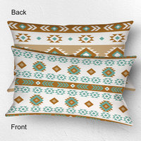 Geometric art in white, light teal, tan, and brown. Each side has a different Aztec design using the same color palette.