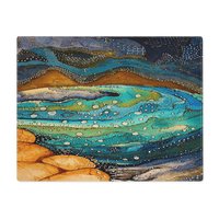 Placemat with colorful nautical watercolor painting of a tropical island in turquoise, teal and orange with navy blue, sea green, slate gray and beige accents.