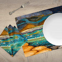 Table linens with Colorful nautical watercolor painting of a tropical island in turquoise, teal and orange with navy blue, sea green, slate gray and beige accents.