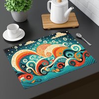 Nautical folk art of a stormy night at sea printed on a placemat.