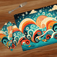 Nautical folk art of a stormy night at sea printed on a placemat and table napkin.